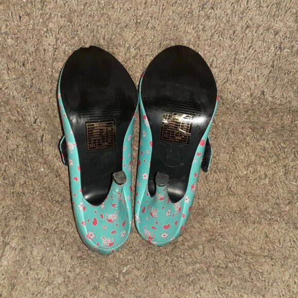 T.U.K. TUK-Rockabilly-Retro-Turquoise Mary Janes-Peep-Toe-Hearts/Anchors-Sz 7-EX - Picture 7 of 7